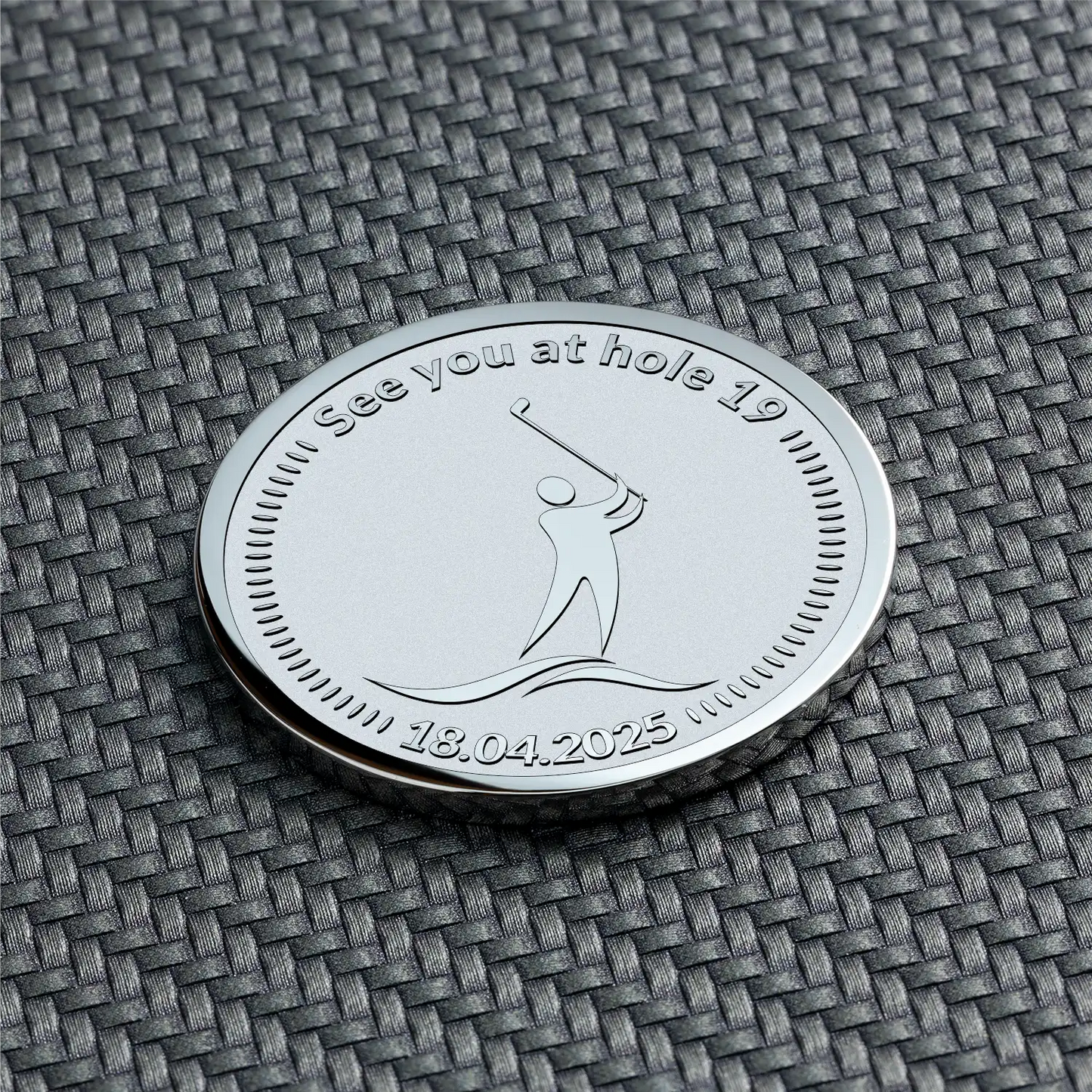 Silberne personalisierte Münze mit Golfer-Symbol und Datum graviert