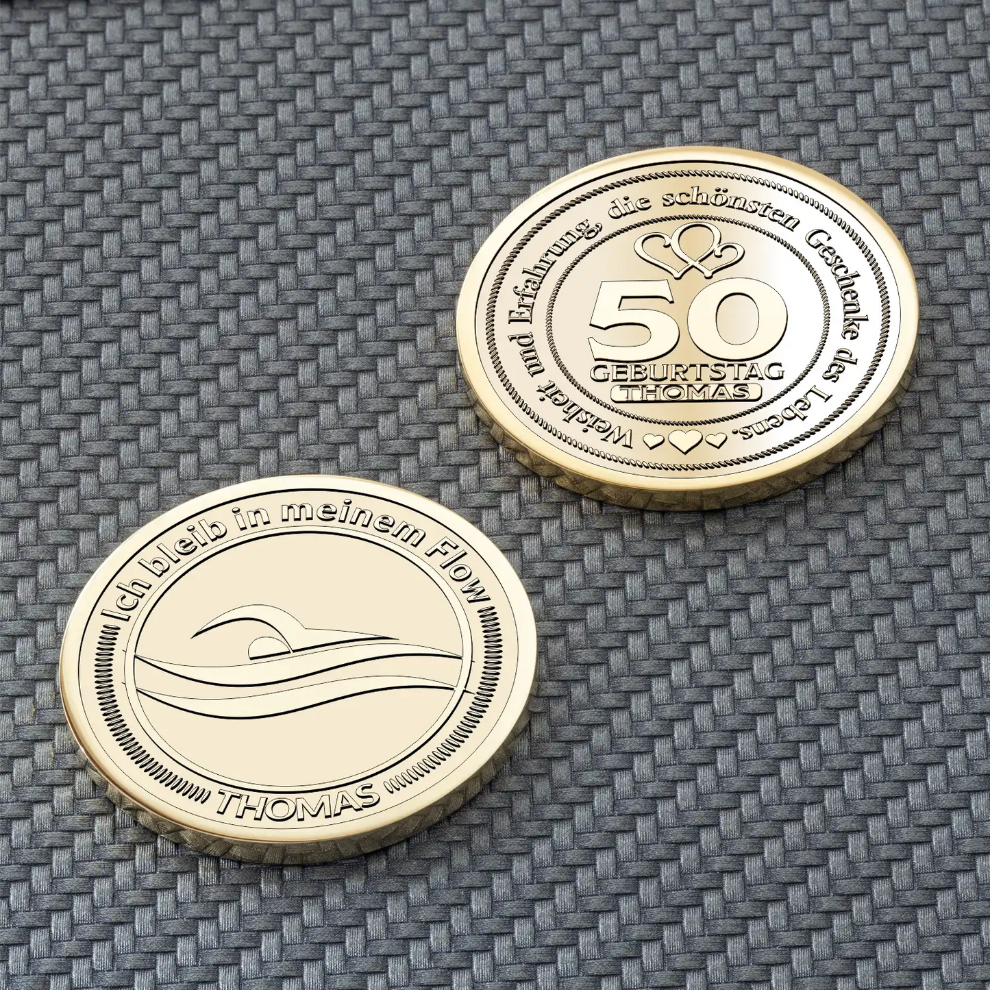 Goldfarbene Münze mit Schwimmer-Symbol und personalisiertem Namen Thomas