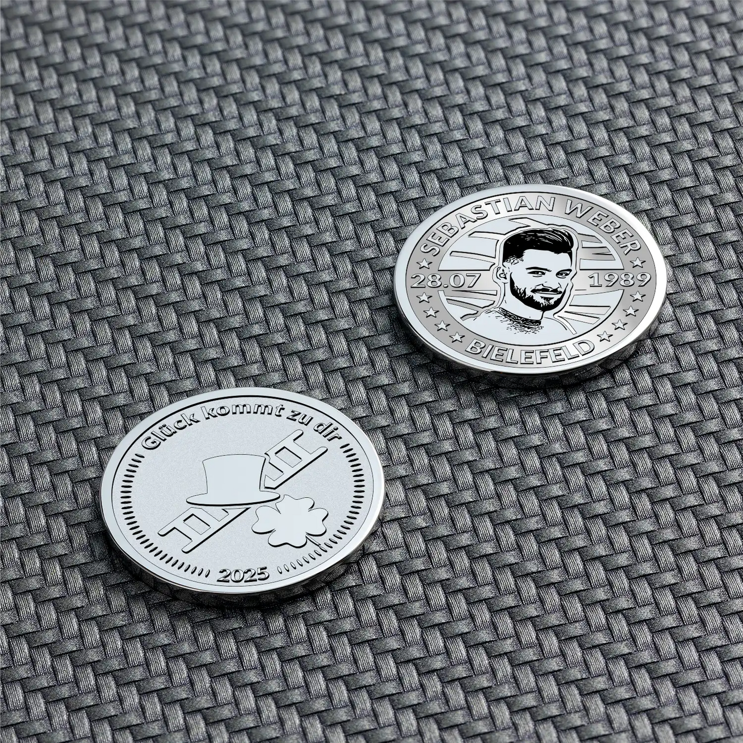 Gravierte Münze mit Schornsteinfeger-Symbol, Porträt und persönlicher Widmung