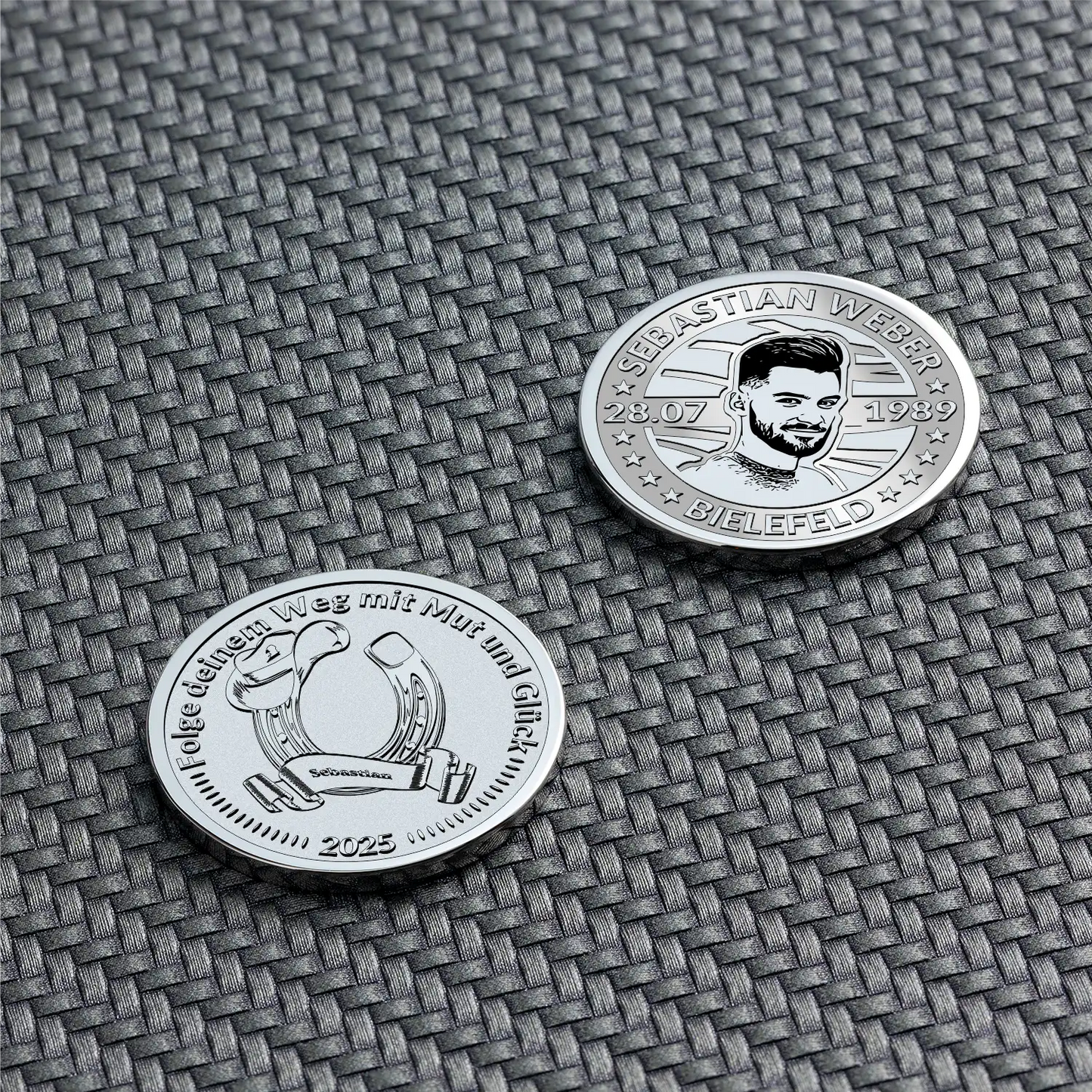 Personalisierte Gravurmünze mit Hufeisen und Männerporträt