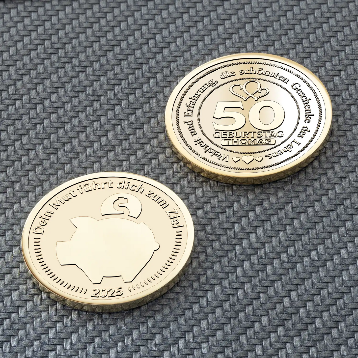 Gravierte Münze mit Sparschwein-Symbol und Geburtstagsgravur