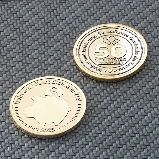 Gravierte Münze mit Sparschwein-Symbol und Geburtstagsgravur