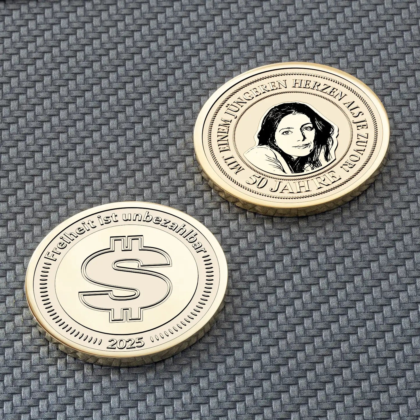Personalisierte Gravurmünze mit Dollarzeichen und Frauenporträt