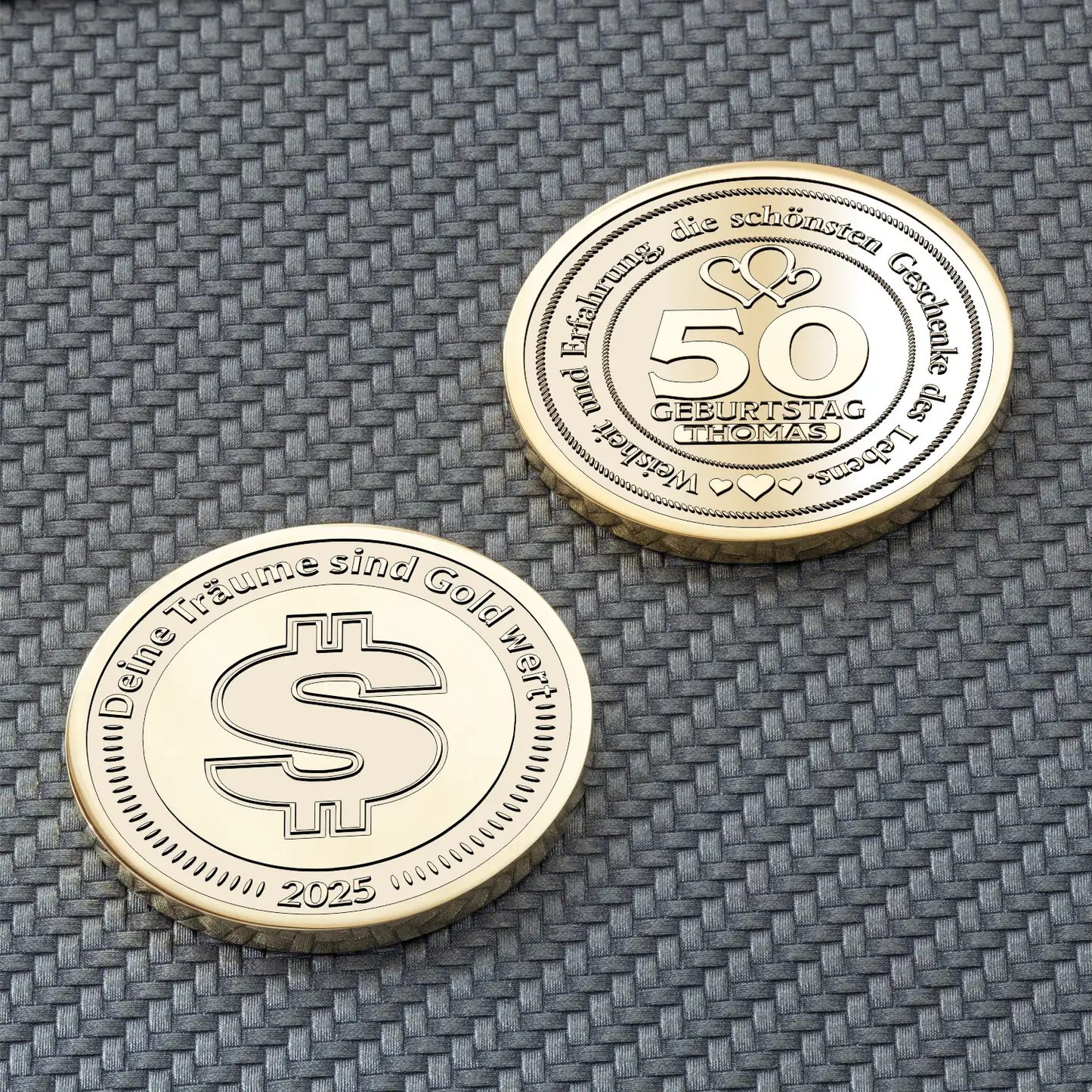 Gravierte Münze mit Dollarzeichen und personalisiertem Geburtstagsdesign