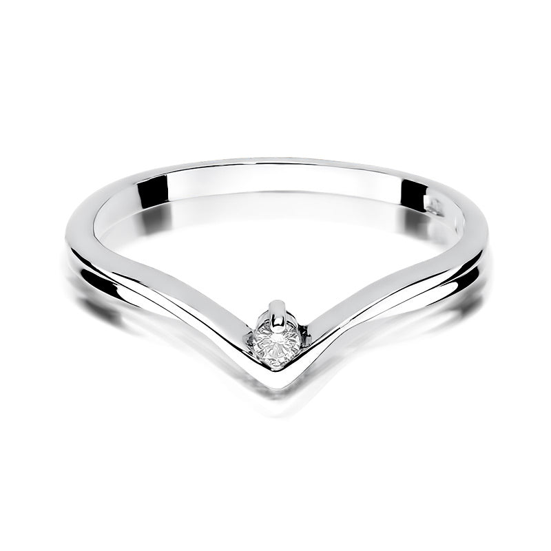 Eleganter Verlobungsring aus weißem Gold 585 mit einem runden Diamanten von 0,04 ct, schräg von der Seite betrachtet.