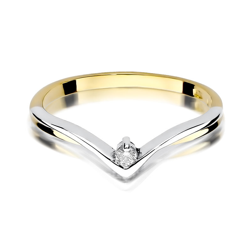 Eleganter Verlobungsring aus zweifarbigem Gold 585 mit einem runden Diamanten von 0,04 ct, schräg von der Seite betrachtet.