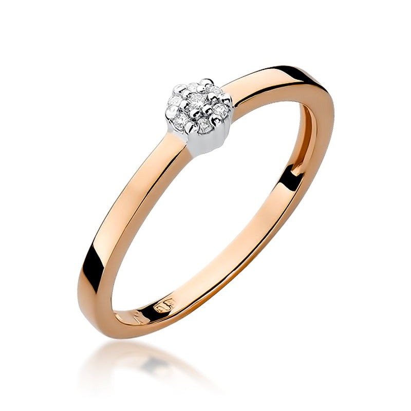 Seitenansicht eines Verlobungsrings aus Gold 585, der einen großen Diamanten und sechs kleinere Diamanten in einer feinen Fassung zeigt. Das zeitlose Design ist ideal für besondere Momente.
