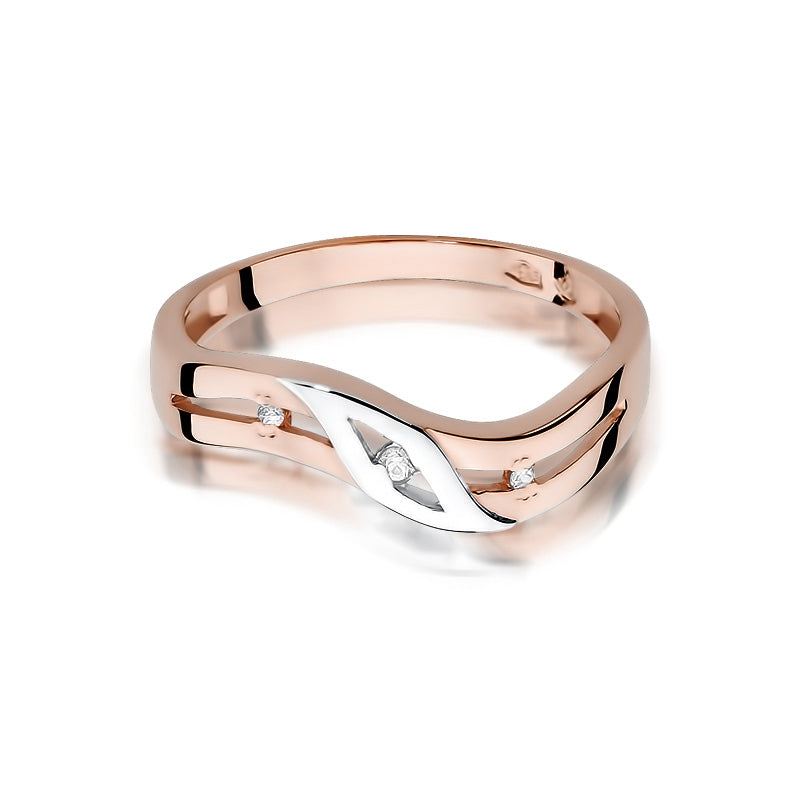 Verlobungsring aus 14k Roségold mit einem geschwungenen Design und einem Diamanten in der Mitte, seitlich betrachtet.