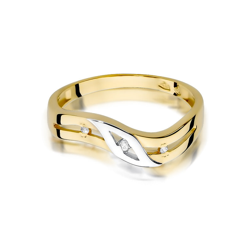Verlobungsring aus 14k Gold mit einem eleganten, geschwungenen Design und einem Diamanten in der Mitte, seitlich betrachtet.