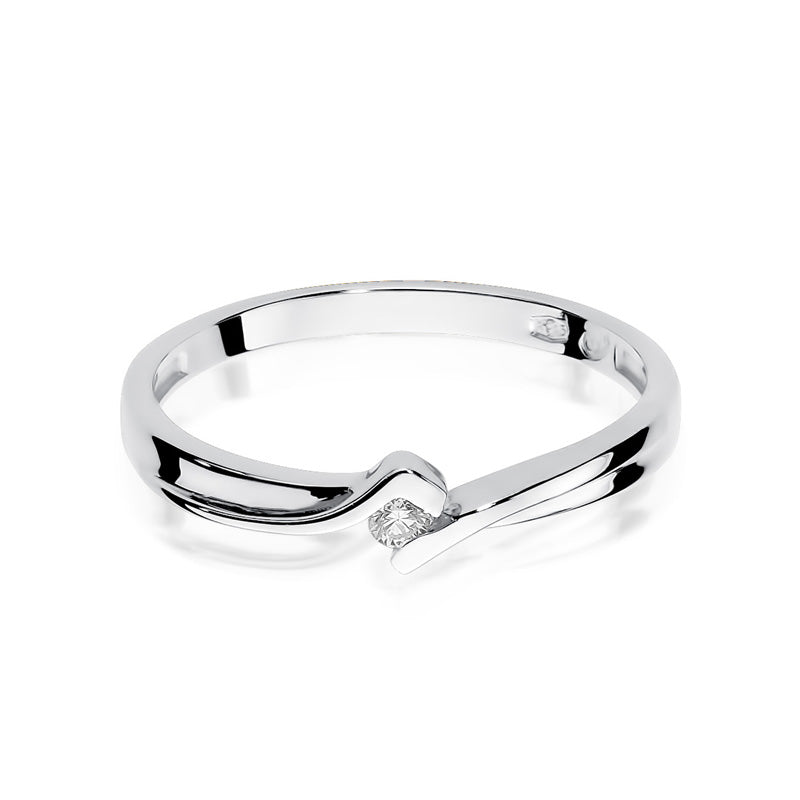 Ein eleganter Verlobungsring aus Weißgold mit einem 0,04ct Diamanten. Der Ring zeigt eine Kombination aus glänzendem Weißgold mit einem zentralen Diamanten, der in einem einzigartigen Design gefasst ist.