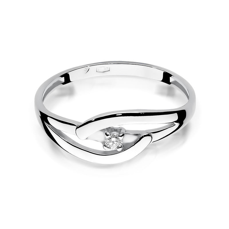 Verlobungsring aus 14K Weißgold mit einem Diamanten. Der Ring hat ein raffiniertes, ineinander greifendes Design und der Diamant ist zentral platziert.