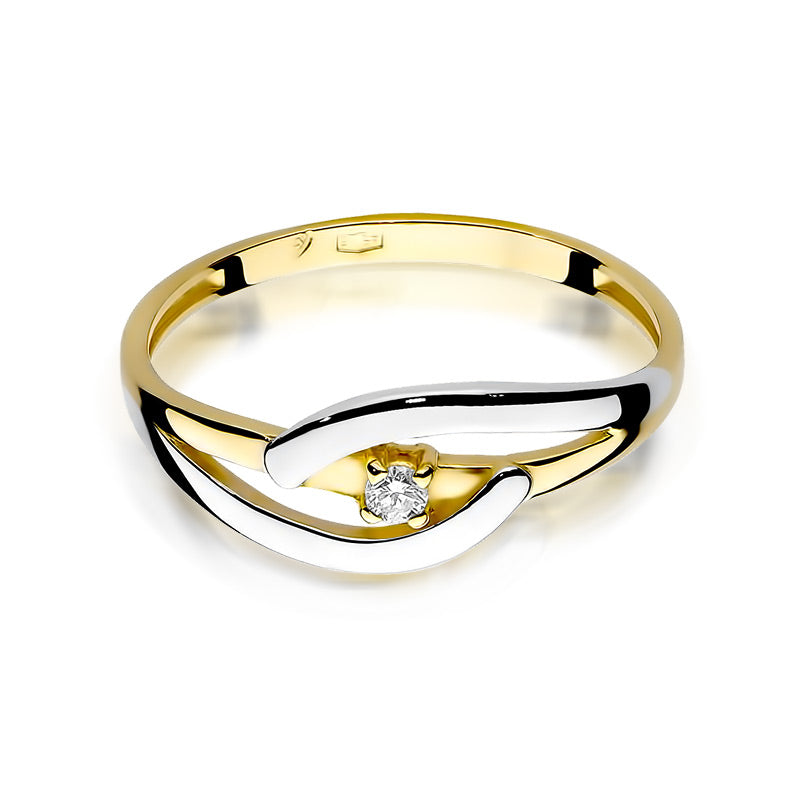 Verlobungsring aus 14K Gelbgold mit einem Diamanten. Der Ring hat ein ineinander greifendes Design und der Diamant ist zentral platziert.