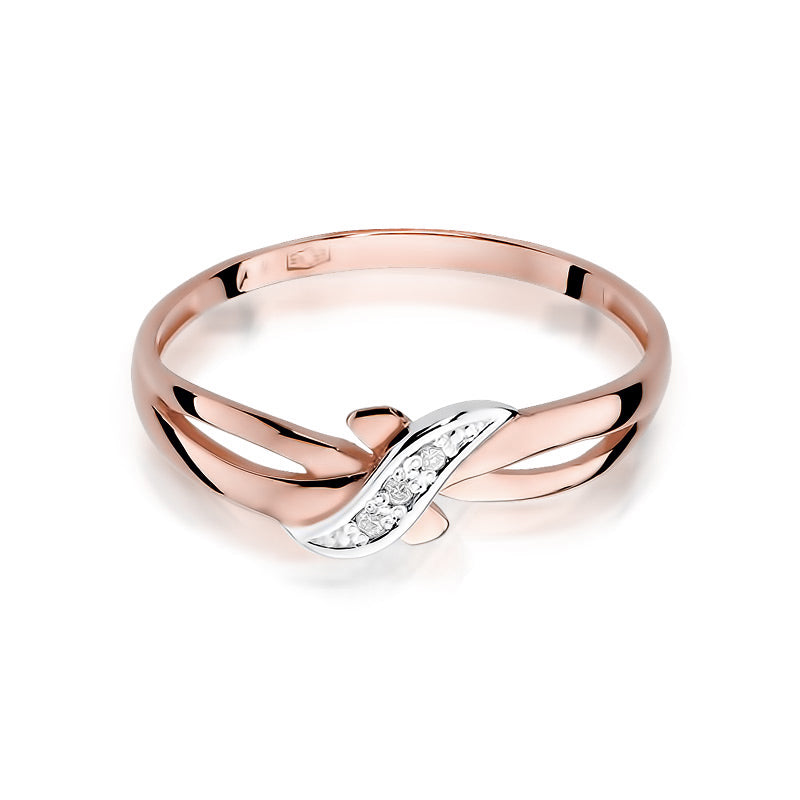 Verlobungsring aus Rotgold 585 mit drei Diamanten in Vorderansicht. Der Ring hat ein elegantes, geschwungenes Design mit funkelnden Steinen, die die Vorderseite des Rings zieren.