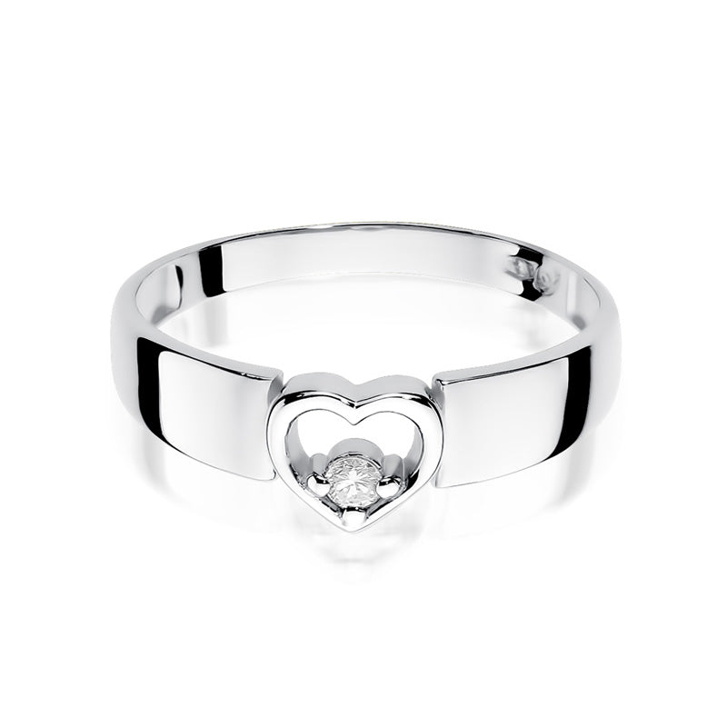Ein eleganter Verlobungsring aus 585er Weißgold, der ein Herzdesign mit einem funkelnden Diamanten präsentiert. Der Ring hat eine glänzende Oberfläche und zeigt exquisite Details.