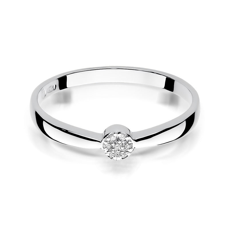 Vorderansicht des eleganten Verlobungsrings in 14K Weißgold mit einem Diamanten.