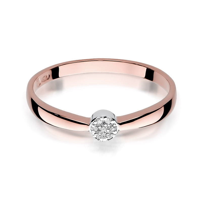 Vorderansicht des eleganten Verlobungsrings in 14K Roségold mit einem Diamanten.