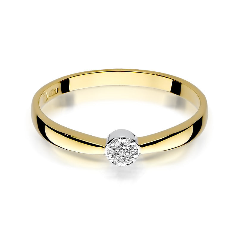 Vorderansicht des eleganten Verlobungsrings in 14K Gold mit einem Diamanten.