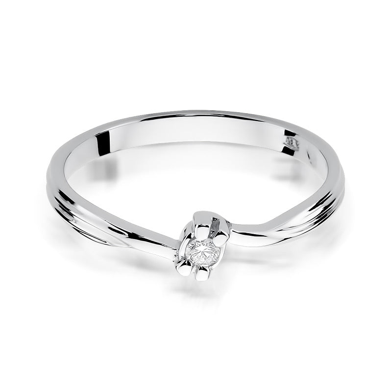 Ein schlichter und eleganter Verlobungsring aus Weißgold mit einem einzelnen, brillant geschliffenen Diamanten.