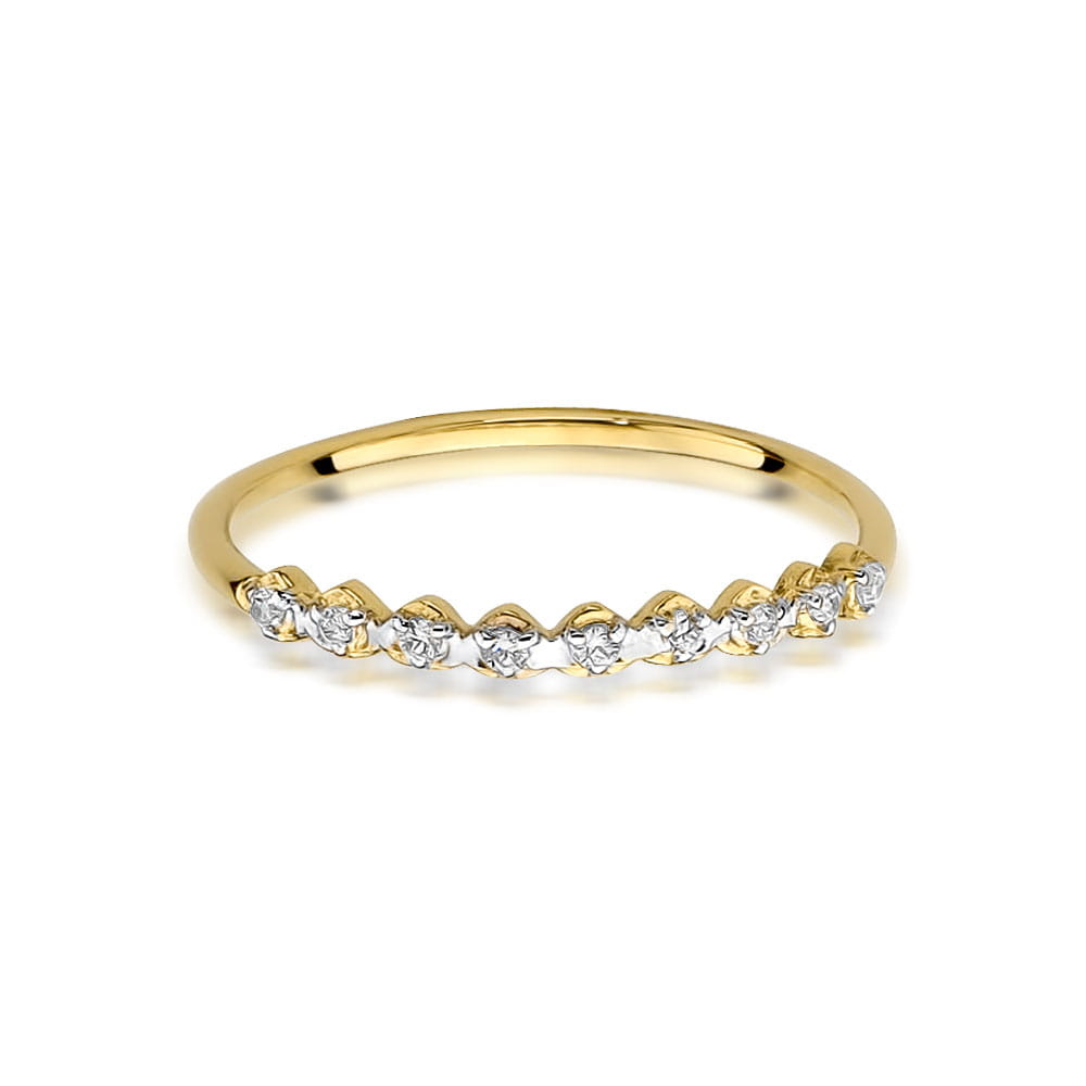 Ein eleganter Verlobungsring aus 585er Gold, besetzt mit neun funkelnden Diamanten, die perfekt in die schmale Ringschiene eingefasst sind. Der Ring strahlt zeitlose Eleganz aus und die Diamanten verleihen ihm einen atemberaubenden Glanz.
