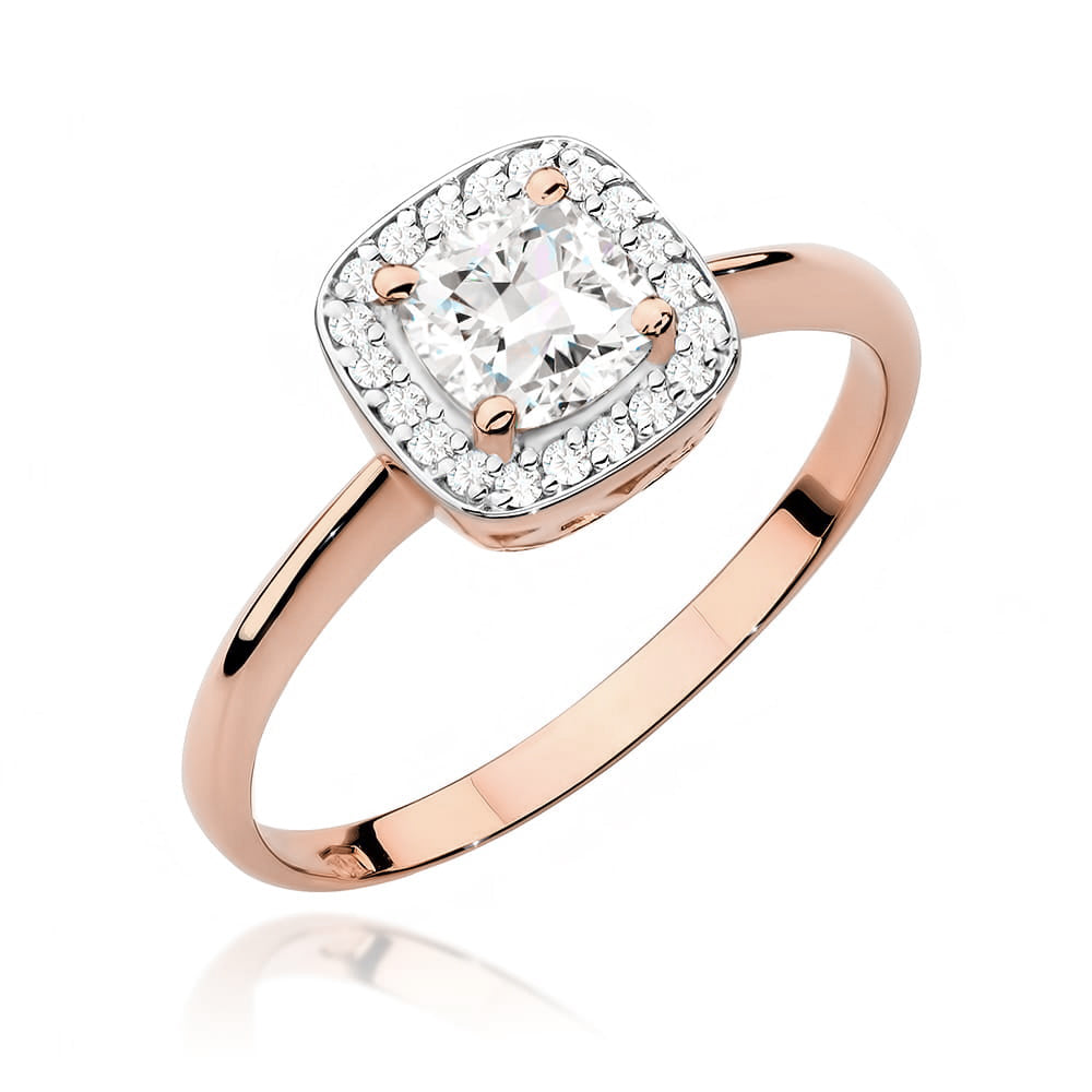 Roségoldener Verlobungsring 585 mit einem zentralen kissenförmigen weißen Saphir, umgeben von 20 funkelnden Diamanten.