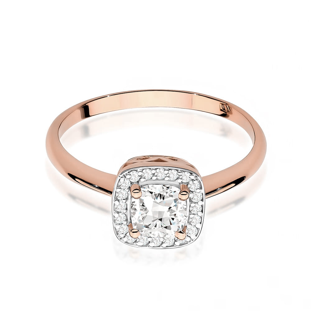 Nahaufnahme eines roségoldenen Verlobungsrings 585 mit einem kissenförmigen weißen Saphir und 20 Diamanten.