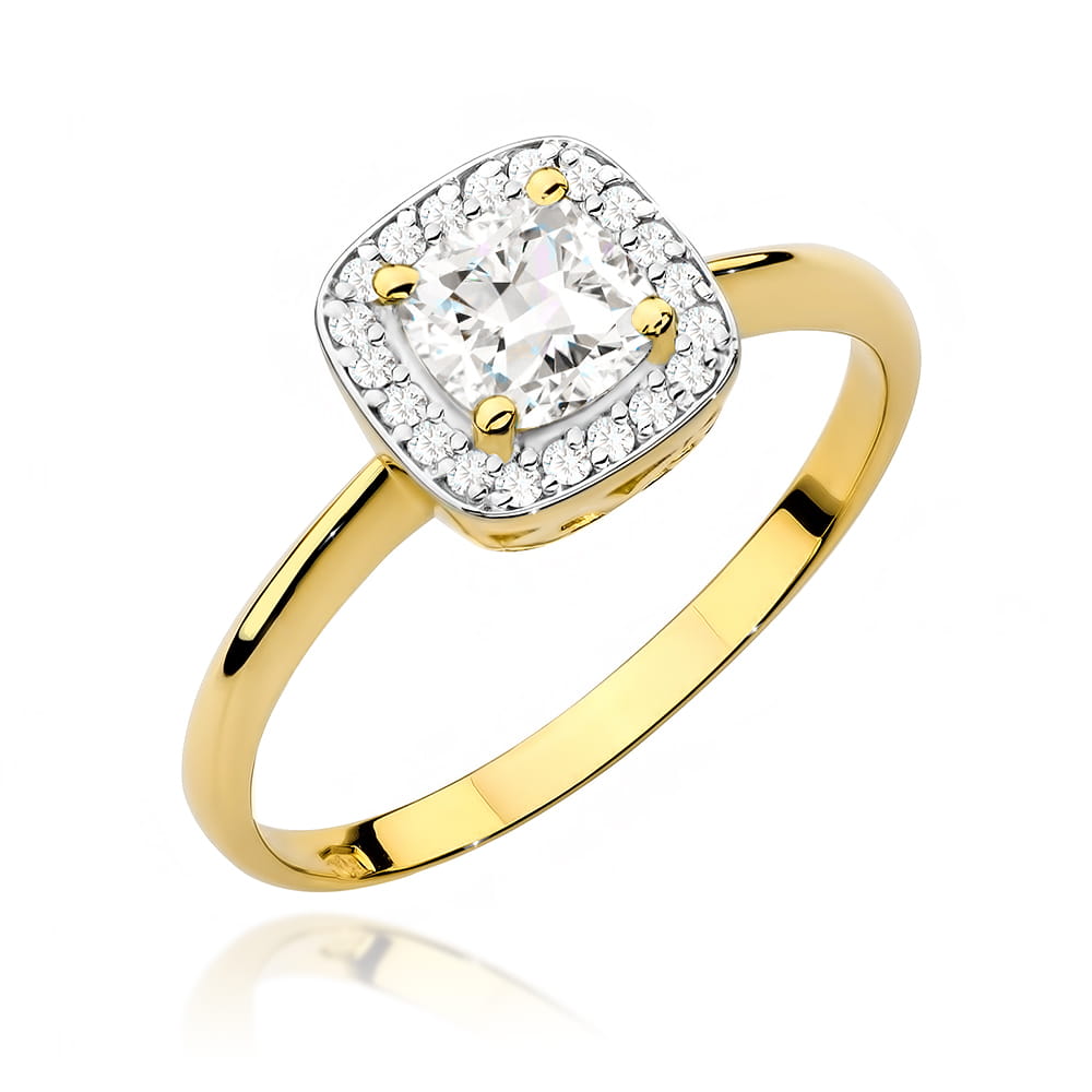 Goldener Verlobungsring 585 mit einem zentralen kissenförmigen weißen Saphir, umgeben von 20 funkelnden Diamanten.