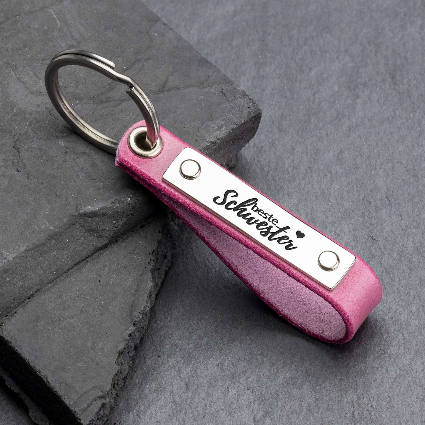 Schlüsselanhänger BESTE SCHWESTER - Einzigartige Geschenkidee, Rosa Leder