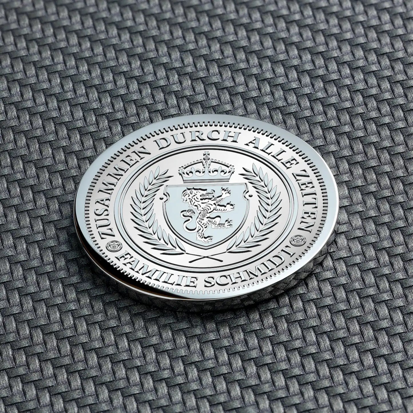 Personalisierte Familienwappen Münze in Silber mit Gravur "Zusammen durch alle Zeiten"