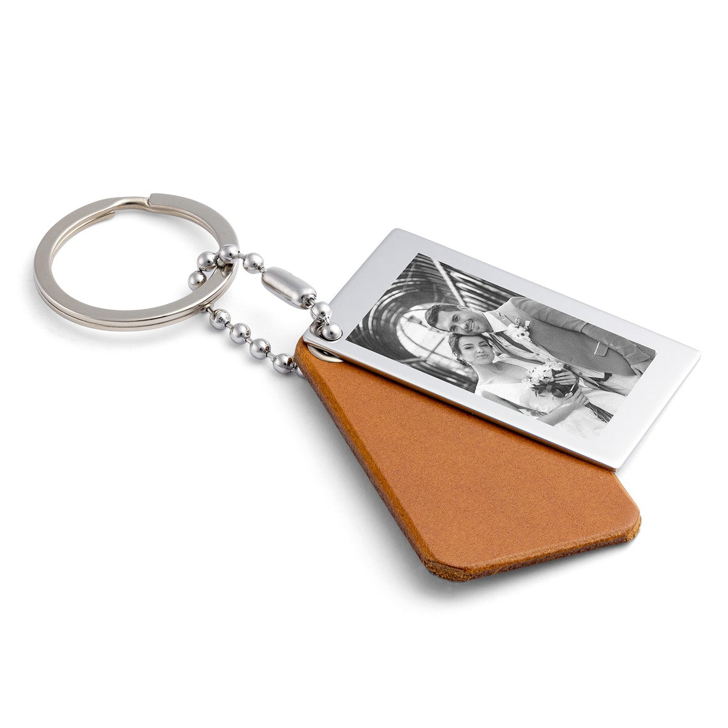 Schlüsselanhänger mit Foto aus edlem Cognac-Leder und satiniertem Edelstahl - seQua.Shop