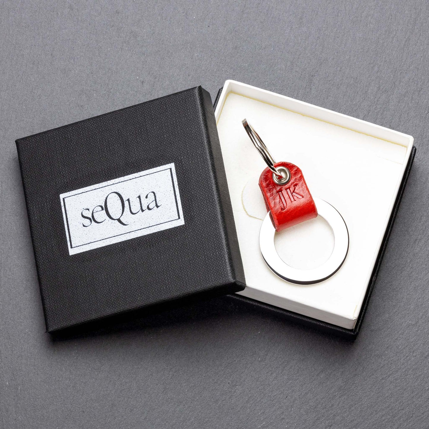 Personalised Red Leather Keyring with Embossed Monogram - seQua.Shop