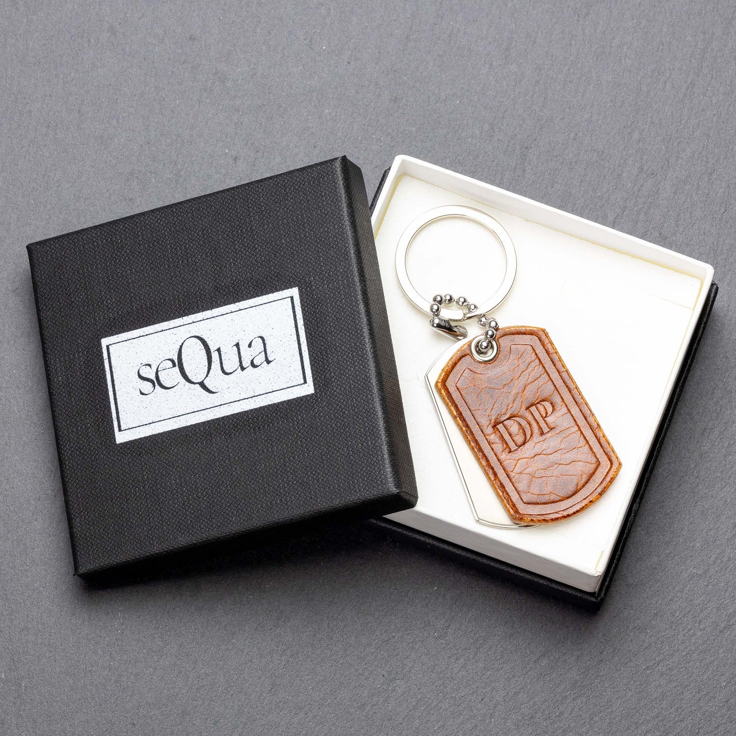 Personalised Titanium & Badalassi Carlo Cognac Leather Keyring - seQua.Shop