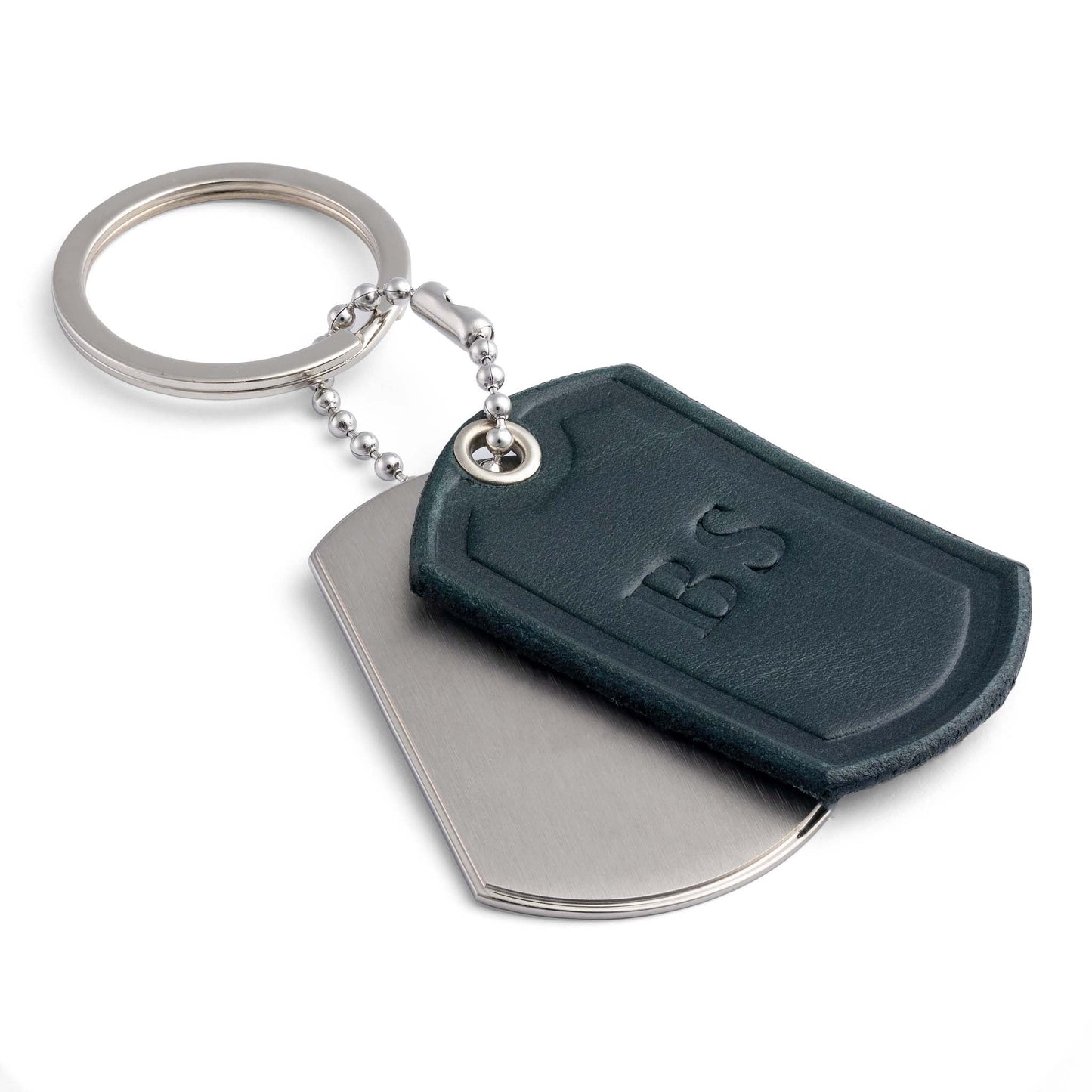 Personalised Titanium Keyring with Dark Green Leather - seQua.Shop