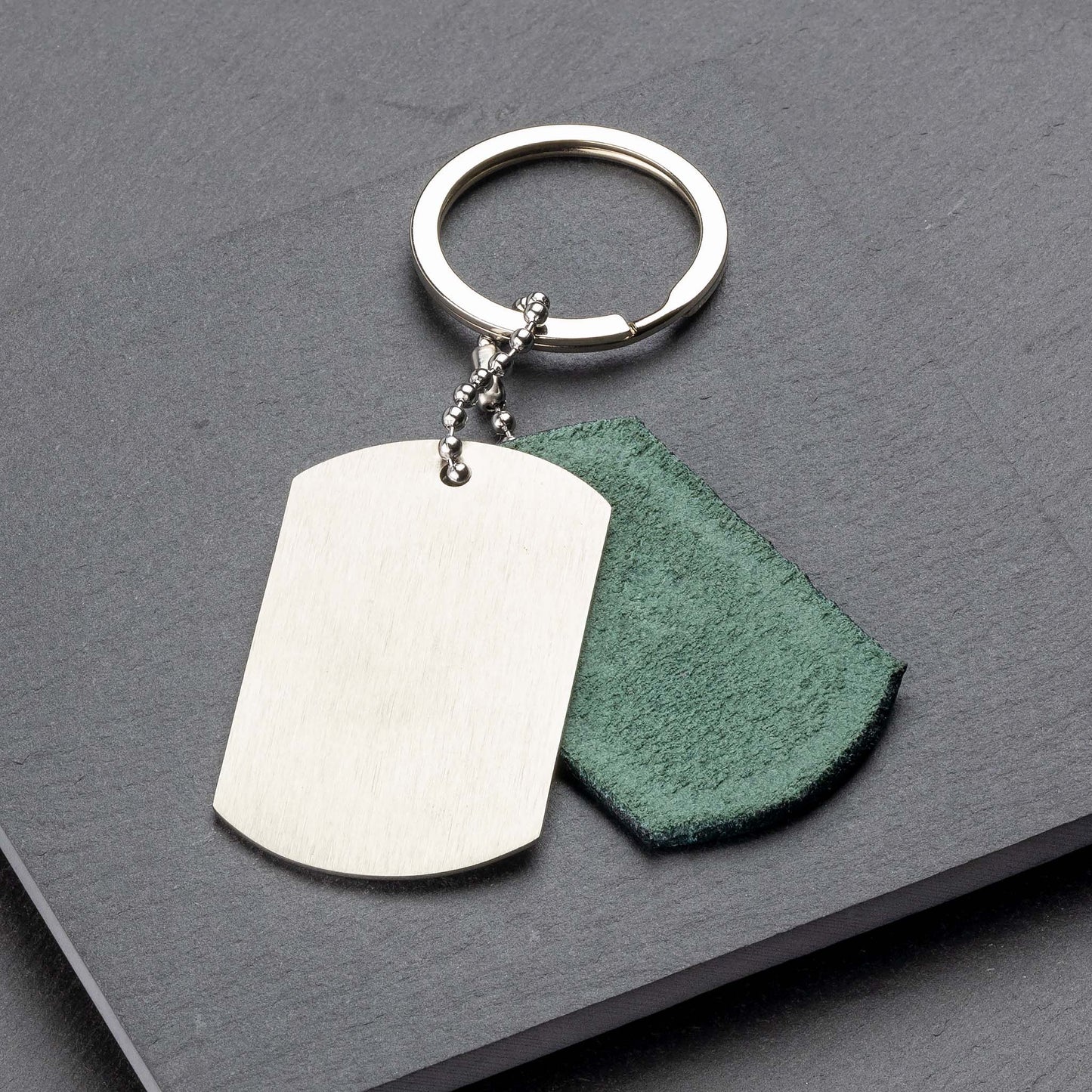Personalised Titanium Keyring with Dark Green Leather - seQua.Shop