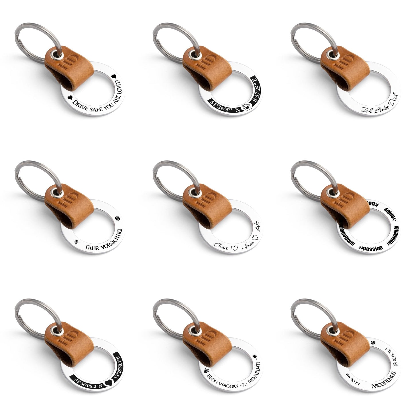 Round Personalised Cognac Leather Keyring - seQua.Shop