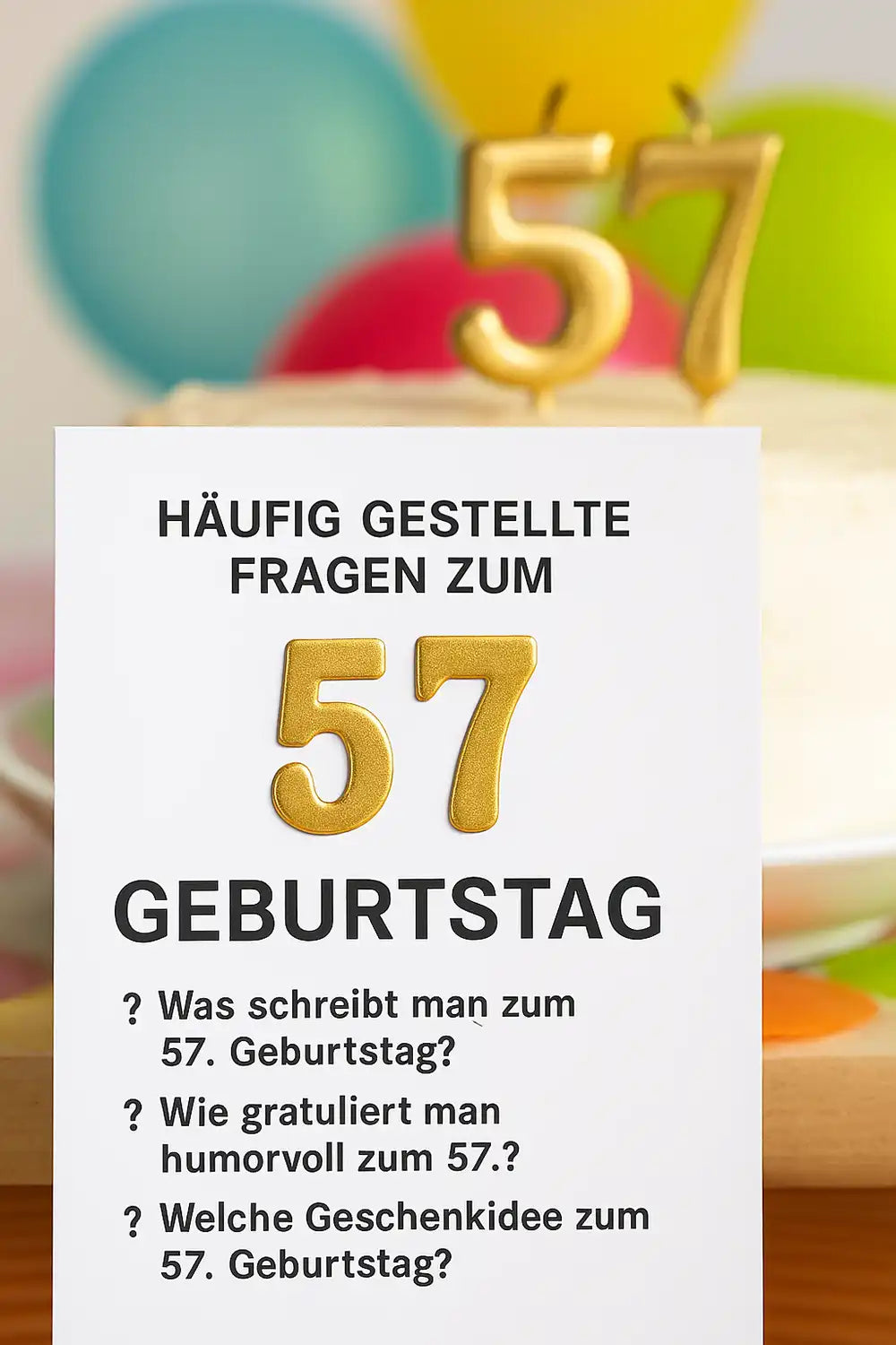 Häufig gestellte Fragen zum 57. Geburtstag: weiße Karte mit FAQ-Text, goldene 57er-Kerzen und bunte Ballons im Hintergrund