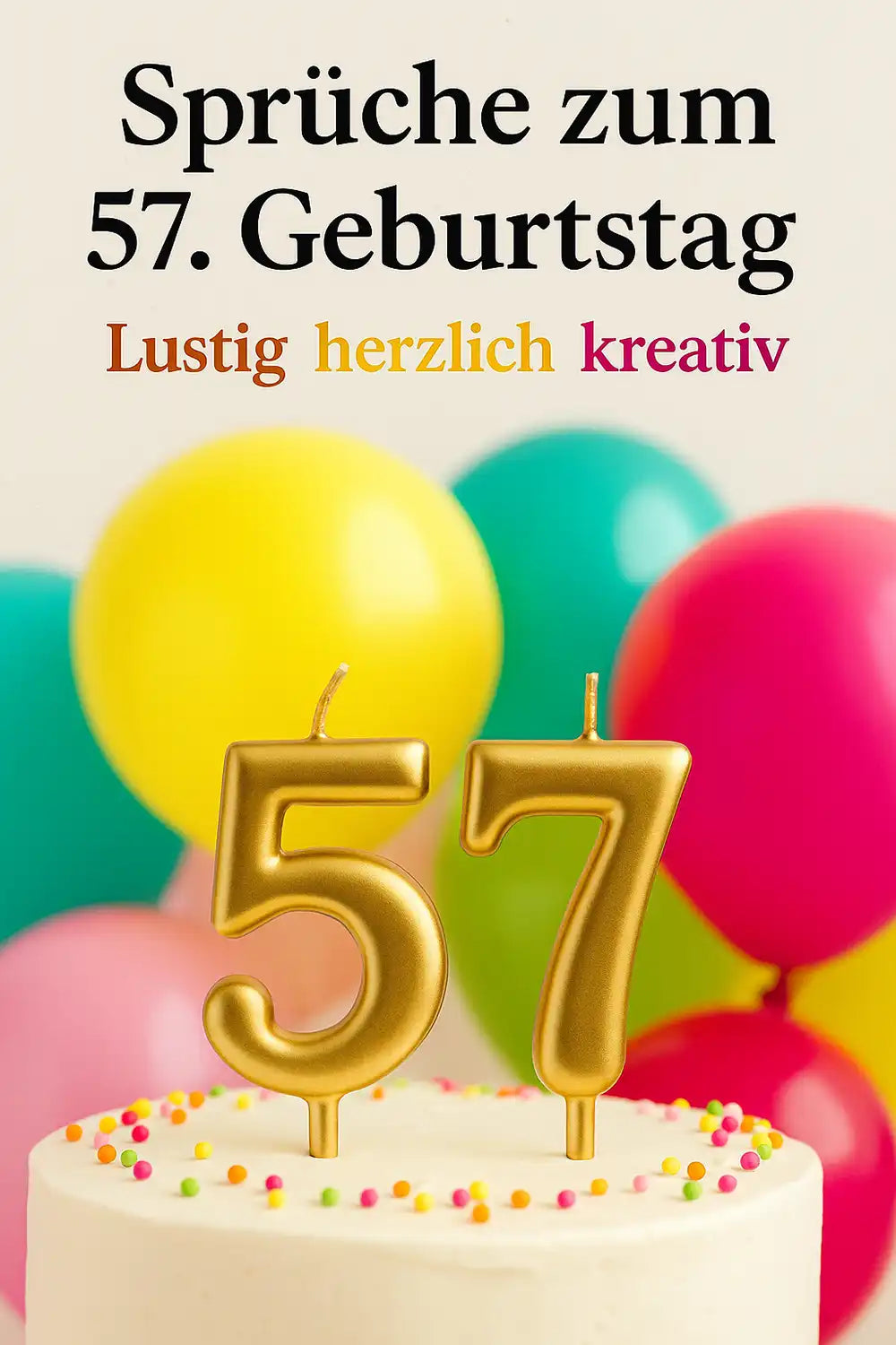 Sprüche zum 57. Geburtstag: bunte Luftballons, goldene 57-Zahlenkerzen und fröhliche Dekoration auf hellem Hintergrund