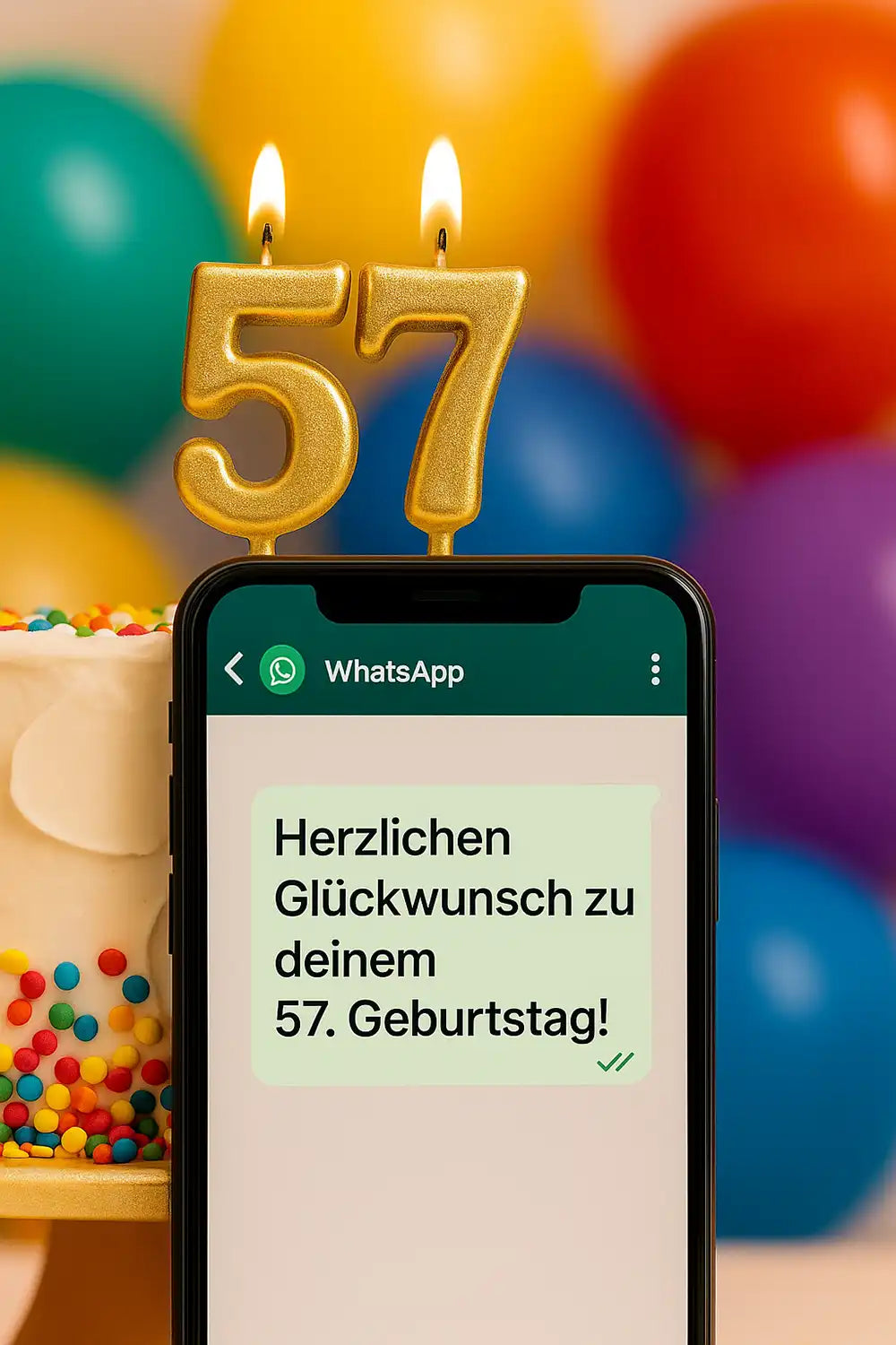 WhatsApp Sprüche 57. Geburtstag – Kurz und herzlich: Handy mit Geburtstagsnachricht und goldenen 57er-Kerzen auf Torte, bunte Ballons im Hintergrund