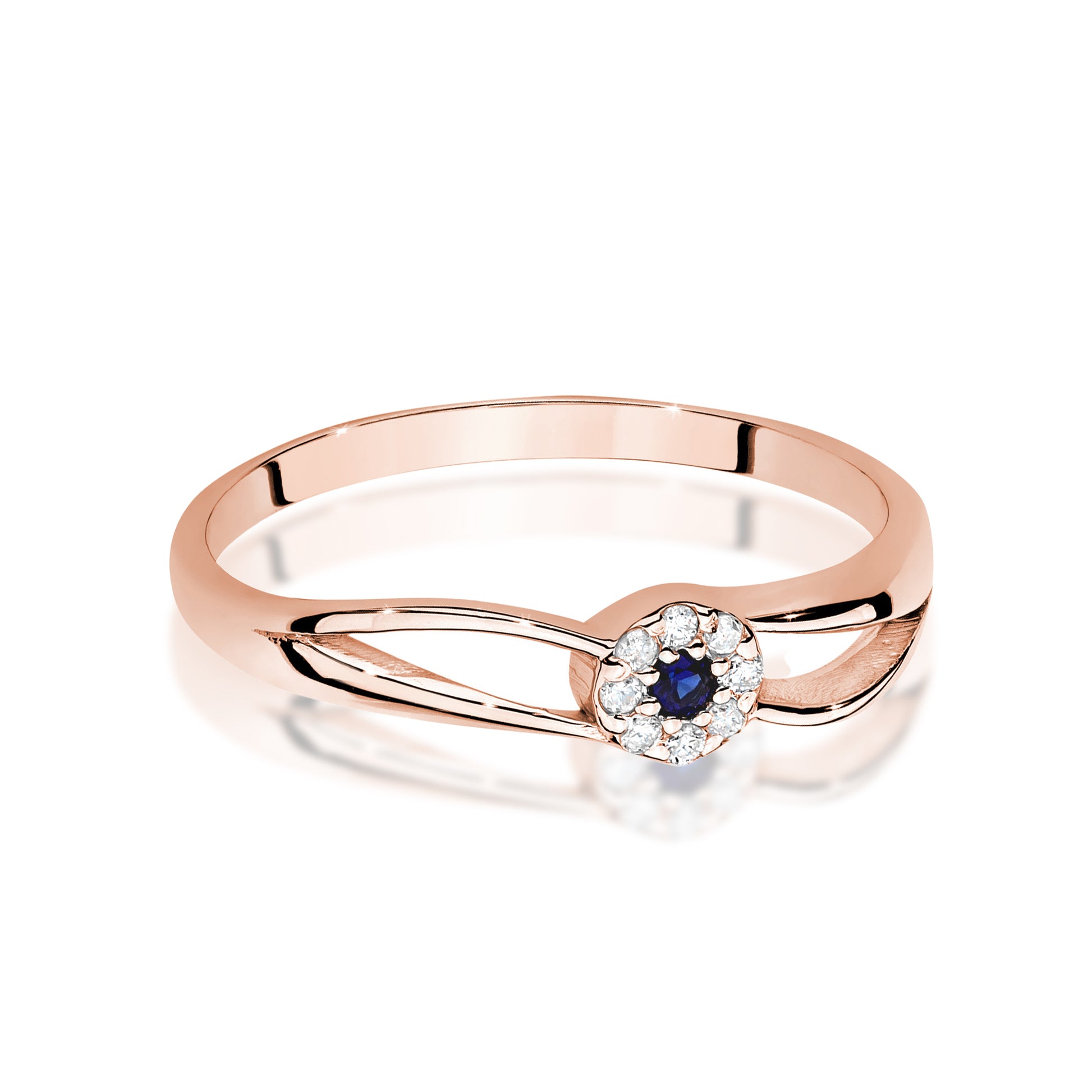 Eleganter Roségold Verlobungsring mit Saphir und Diamanten, Detailansicht von oben.