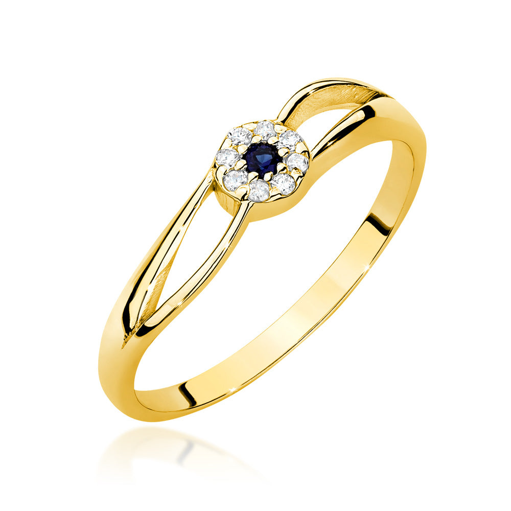 14K Gold Verlobungsring mit rundem Saphir und Diamanten, in Nahaufnahme.