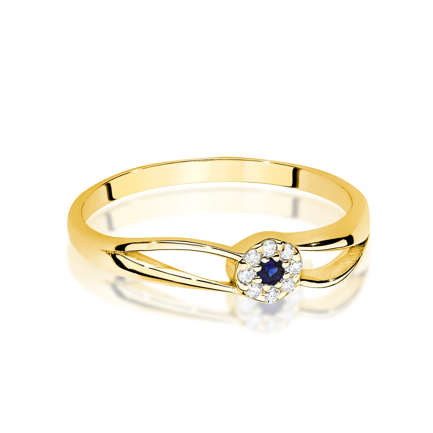 Eleganter 14K Gold Verlobungsring mit Saphir und Diamanten, seitliche Ansicht.