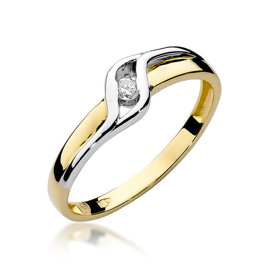 Einzeln abgebildeter Verlobungsring aus Gold 585 mit einem Diamanten von 0,04 Karat. Der Ring hat ein elegantes und modernes Design mit einem zentralen Diamanten.