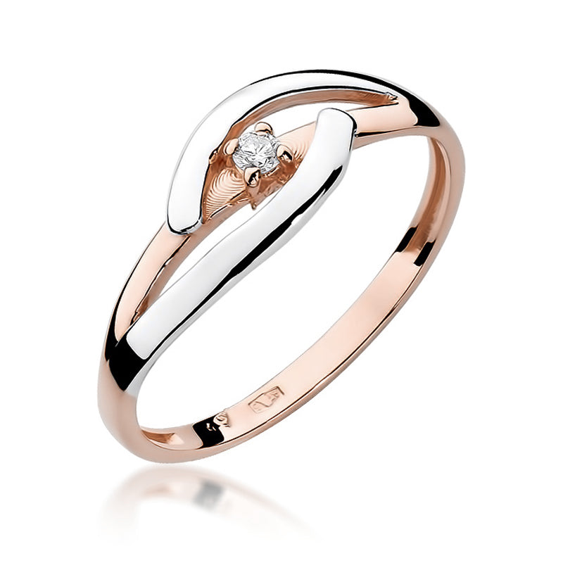 Eleganter Verlobungsring aus 14K Roségold mit einem Diamanten. Der Ring zeigt ein ineinander greifendes Design und präsentiert einen funkelnden Diamanten.