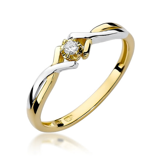 Seitliche Ansicht des Verlobungsrings aus 585er Gold mit einem 0.04ct Diamanten. Der Ring zeigt eine harmonische Kombination aus Gold und Weißgold.