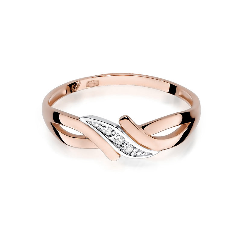 Ein eleganter Roségoldring mit einem geschwungenen Design und funkelnden Diamanten, frontal abgebildet.