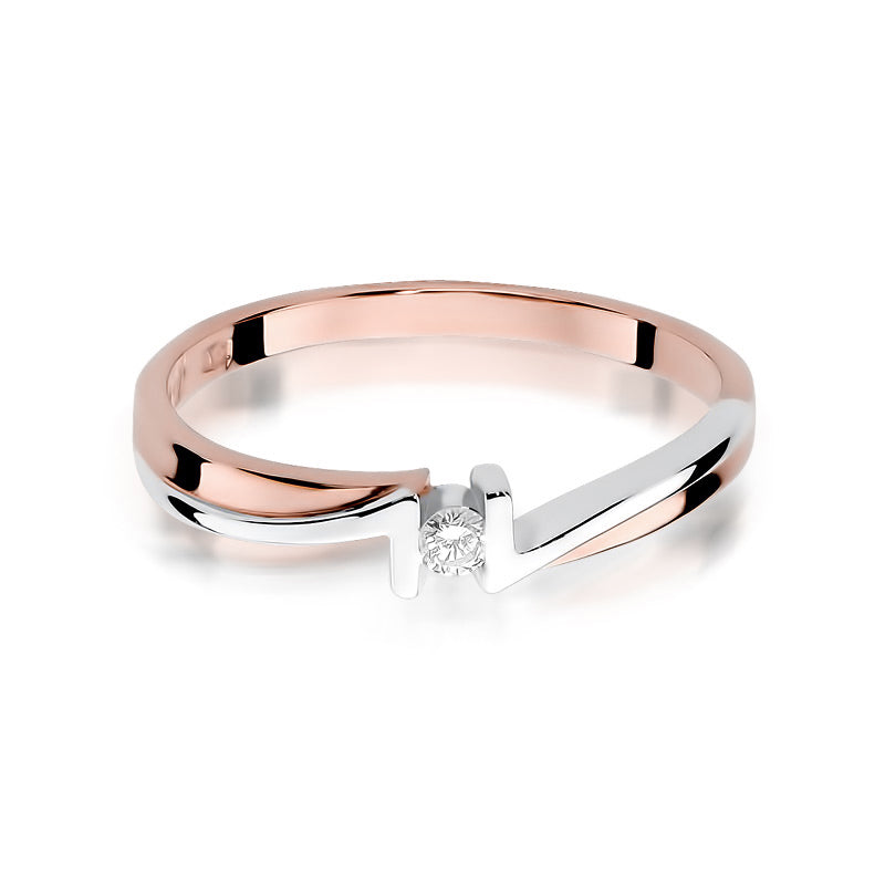 Dieser Roségold-Verlobungsring ist mit einem funkelnden Diamanten in der Mitte verziert. Der Diamant ist in einer einzigartigen, geschwungenen Fassung eingefasst, die dem Ring eine besondere Note verleiht.