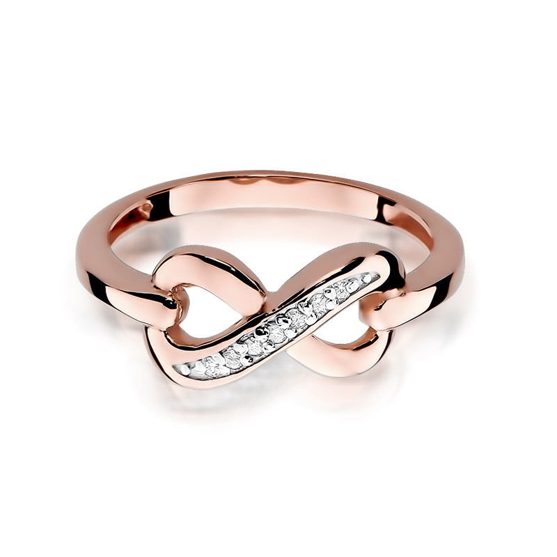 Roségoldener Verlobungsring mit einem geschwungenen Design, der mit mehreren kleinen Diamanten besetzt ist. Vorderansicht des Rings.