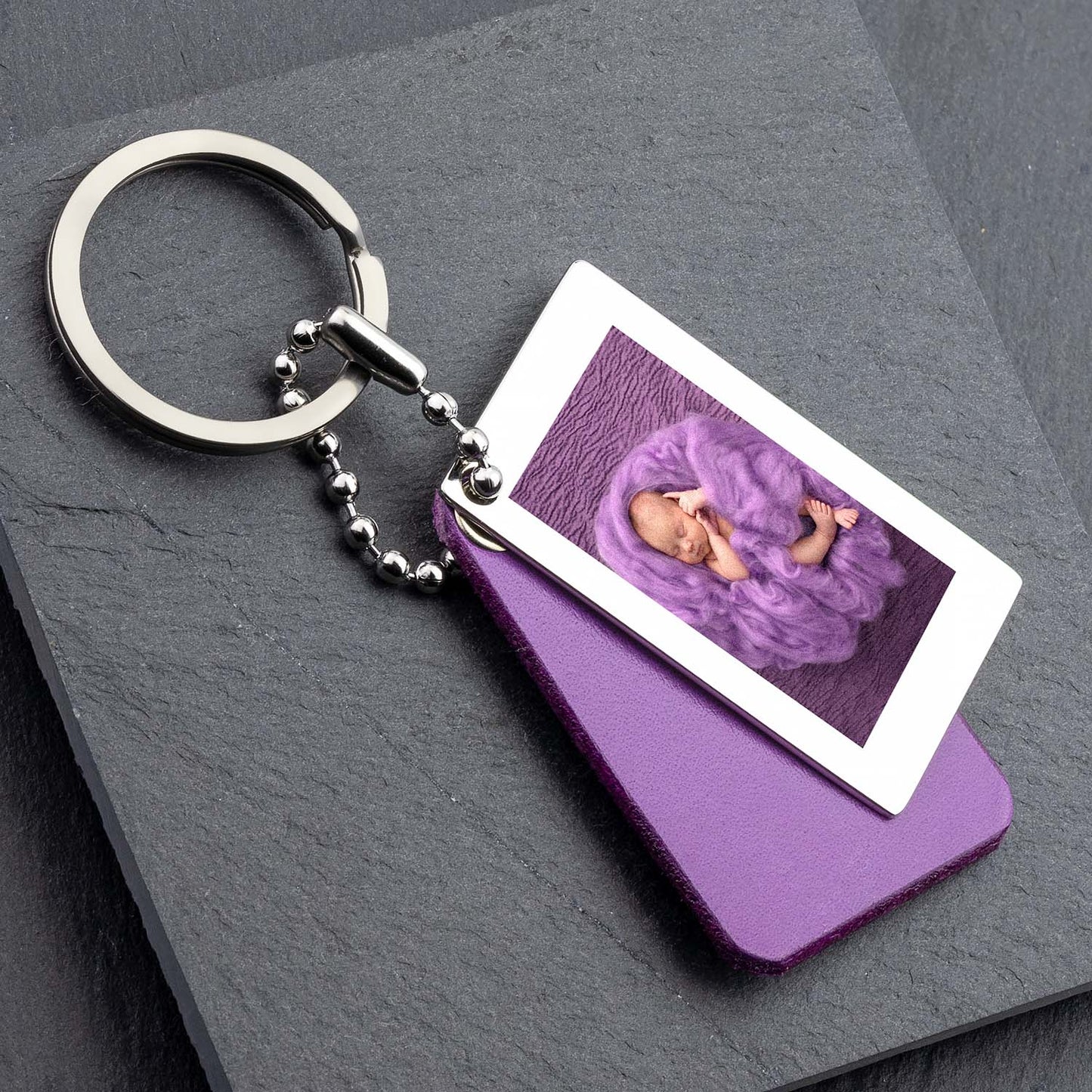 Personal Photo Engraved Keyring in Purple Leather - seQua.Shop