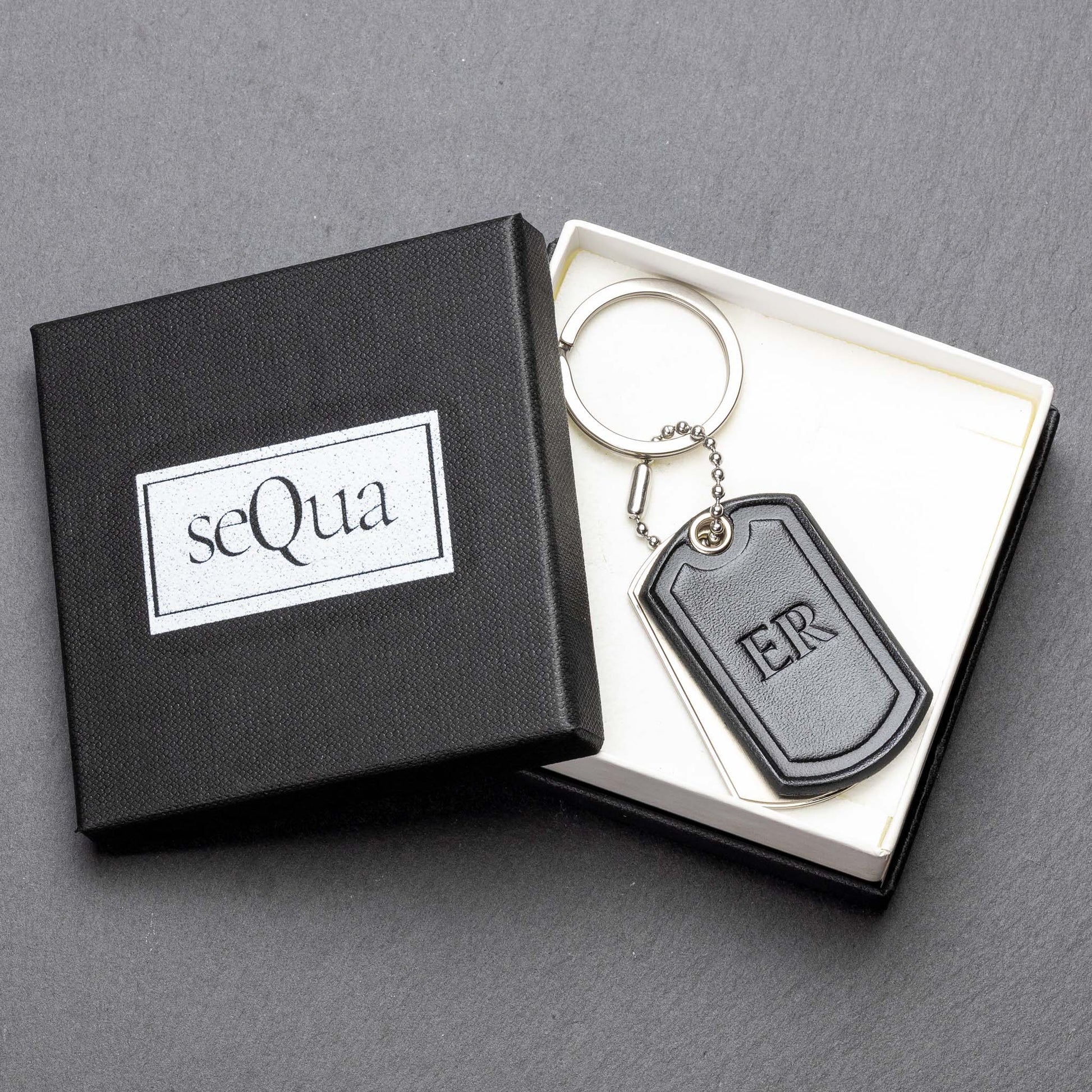 Personalised Titanium & Black Leather Keyring from seQua - seQua.Shop