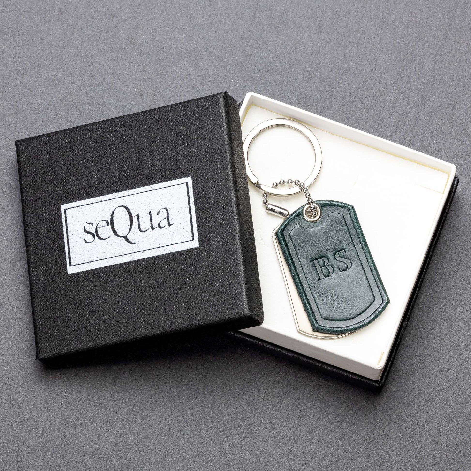 Personalised Titanium Keyring with Dark Green Leather - seQua.Shop