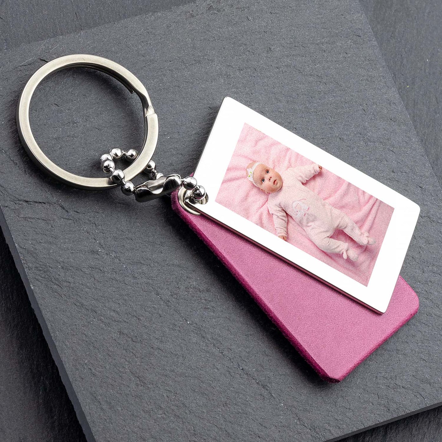 Pink Leather Keyring with Photo and Engraving - seQua.Shop